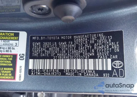 2014 Toyota Corolla Le from USA, damaged, VIN 2T1BURHE0EC033787